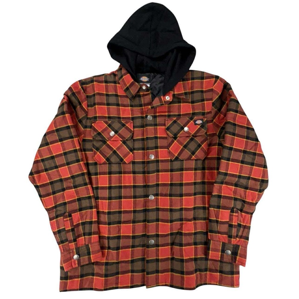 Dickies Red Brown Plaid Flannel Hooded Shirt Jacket XL Boys Workwear‎ Snap